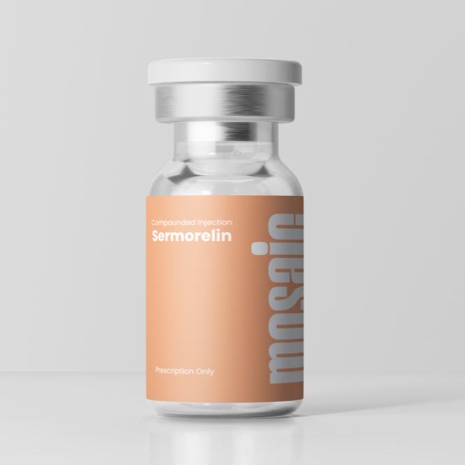 Sermorelin peptide vial for growth hormone support by Mosaic